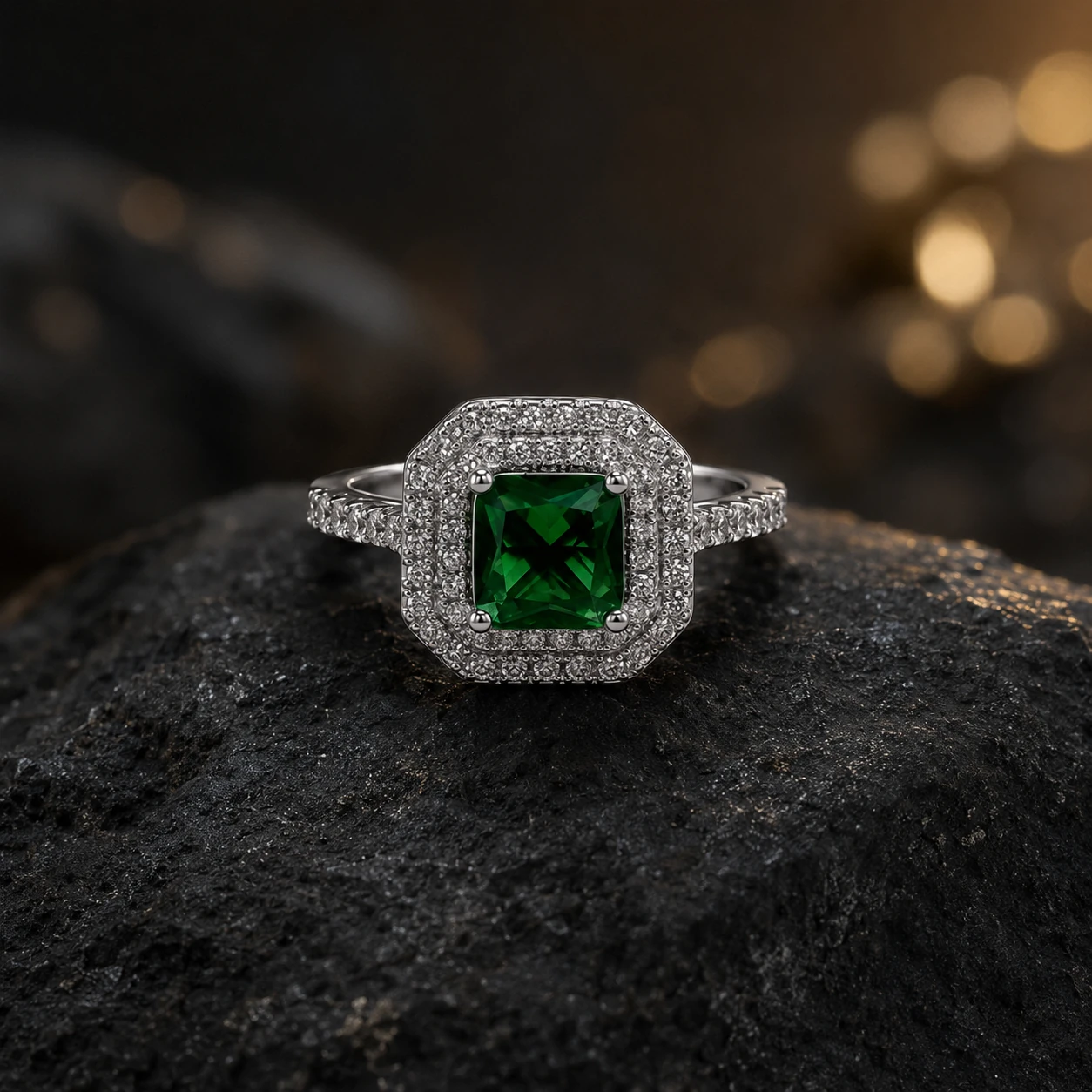 Royal Emerald Double Halo 925 Silver Ring — 925 sterling silver rings